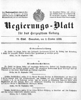 Regierungs-Blatt für das Herzogtum Coburg (Coburger Regierungs-Blatt) Samstag 2. Oktober 1880
