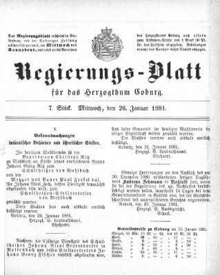 Regierungs-Blatt für das Herzogtum Coburg (Coburger Regierungs-Blatt) Mittwoch 26. Januar 1881