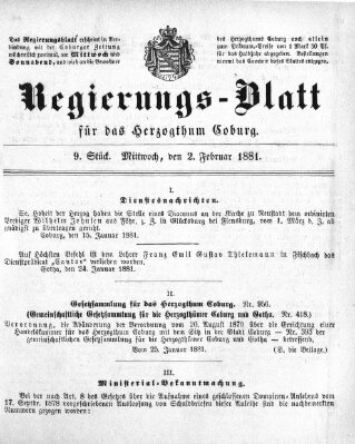 Regierungs-Blatt für das Herzogtum Coburg (Coburger Regierungs-Blatt) Mittwoch 2. Februar 1881