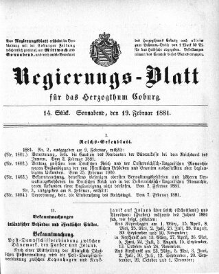 Regierungs-Blatt für das Herzogtum Coburg (Coburger Regierungs-Blatt) Samstag 19. Februar 1881
