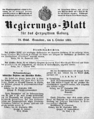 Regierungs-Blatt für das Herzogtum Coburg (Coburger Regierungs-Blatt) Samstag 1. Oktober 1881