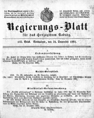 Regierungs-Blatt für das Herzogtum Coburg (Coburger Regierungs-Blatt) Samstag 31. Dezember 1881