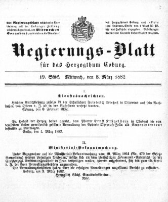 Regierungs-Blatt für das Herzogtum Coburg (Coburger Regierungs-Blatt) Mittwoch 8. März 1882