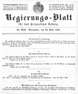 Regierungs-Blatt für das Herzogtum Coburg (Coburger Regierungs-Blatt) Samstag 22. April 1882
