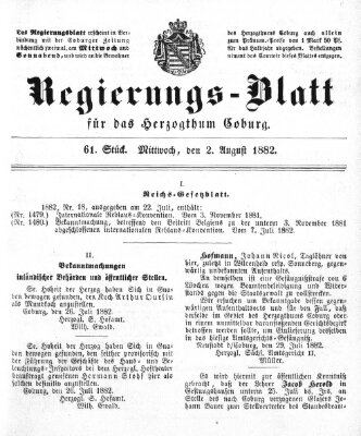 Regierungs-Blatt für das Herzogtum Coburg (Coburger Regierungs-Blatt) Mittwoch 2. August 1882