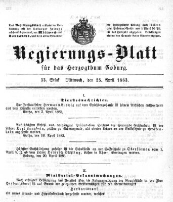 Regierungs-Blatt für das Herzogtum Coburg (Coburger Regierungs-Blatt) Mittwoch 25. April 1883