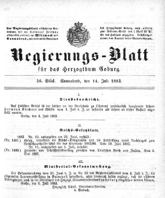 Regierungs-Blatt für das Herzogtum Coburg (Coburger Regierungs-Blatt) Samstag 14. Juli 1883