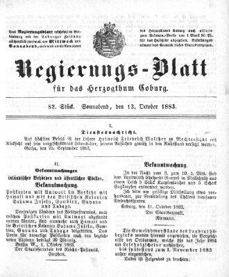 Regierungs-Blatt für das Herzogtum Coburg (Coburger Regierungs-Blatt) Samstag 13. Oktober 1883