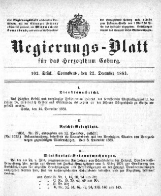 Regierungs-Blatt für das Herzogtum Coburg (Coburger Regierungs-Blatt) Samstag 22. Dezember 1883