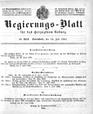 Regierungs-Blatt für das Herzogtum Coburg (Coburger Regierungs-Blatt) Samstag 12. Juli 1884