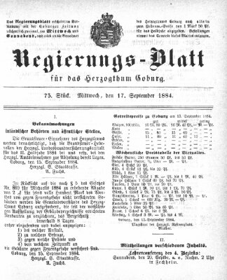 Regierungs-Blatt für das Herzogtum Coburg (Coburger Regierungs-Blatt) Mittwoch 17. September 1884