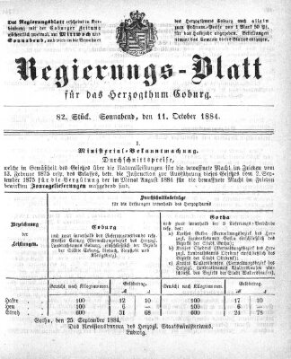 Regierungs-Blatt für das Herzogtum Coburg (Coburger Regierungs-Blatt) Samstag 11. Oktober 1884