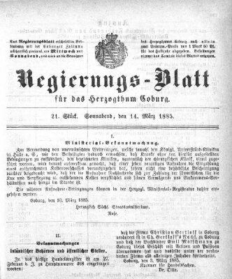 Regierungs-Blatt für das Herzogtum Coburg (Coburger Regierungs-Blatt) Samstag 14. März 1885