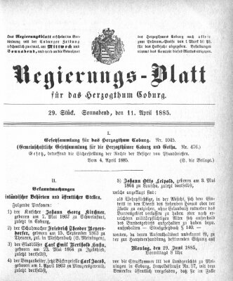 Regierungs-Blatt für das Herzogtum Coburg (Coburger Regierungs-Blatt) Samstag 11. April 1885
