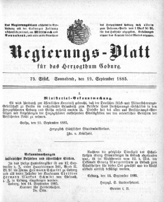 Regierungs-Blatt für das Herzogtum Coburg (Coburger Regierungs-Blatt) Samstag 19. September 1885