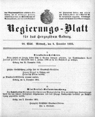Regierungs-Blatt für das Herzogtum Coburg (Coburger Regierungs-Blatt) Mittwoch 9. Dezember 1885