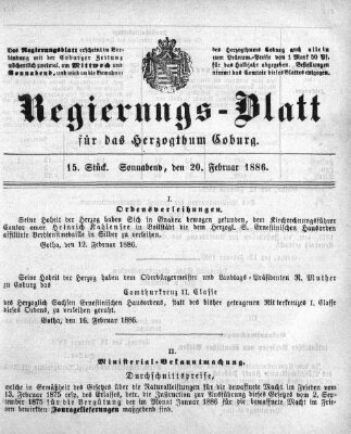 Regierungs-Blatt für das Herzogtum Coburg (Coburger Regierungs-Blatt) Samstag 20. Februar 1886