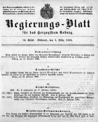 Regierungs-Blatt für das Herzogtum Coburg (Coburger Regierungs-Blatt) Mittwoch 3. März 1886
