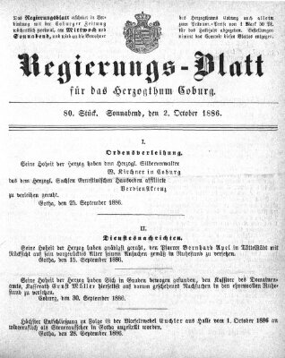 Regierungs-Blatt für das Herzogtum Coburg (Coburger Regierungs-Blatt) Samstag 2. Oktober 1886