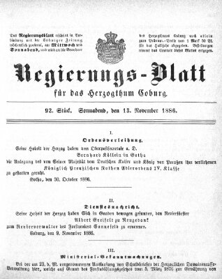Regierungs-Blatt für das Herzogtum Coburg (Coburger Regierungs-Blatt) Samstag 13. November 1886