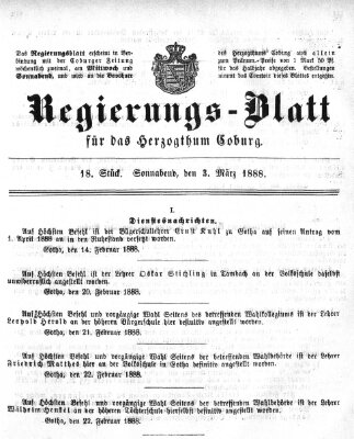 Regierungs-Blatt für das Herzogtum Coburg (Coburger Regierungs-Blatt) Samstag 3. März 1888