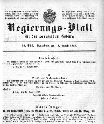 Regierungs-Blatt für das Herzogtum Coburg (Coburger Regierungs-Blatt) Samstag 18. August 1888