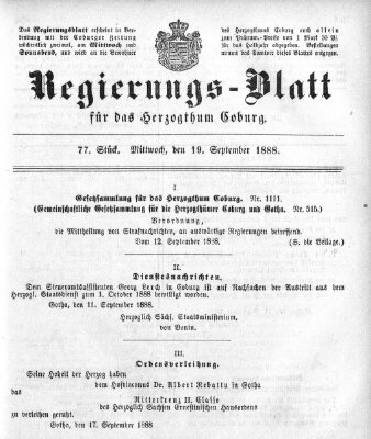Regierungs-Blatt für das Herzogtum Coburg (Coburger Regierungs-Blatt) Mittwoch 19. September 1888