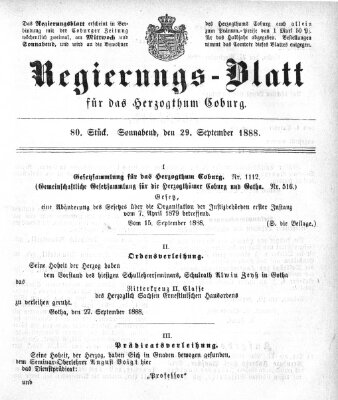 Regierungs-Blatt für das Herzogtum Coburg (Coburger Regierungs-Blatt) Samstag 29. September 1888