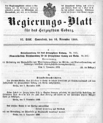 Regierungs-Blatt für das Herzogtum Coburg (Coburger Regierungs-Blatt) Samstag 10. November 1888