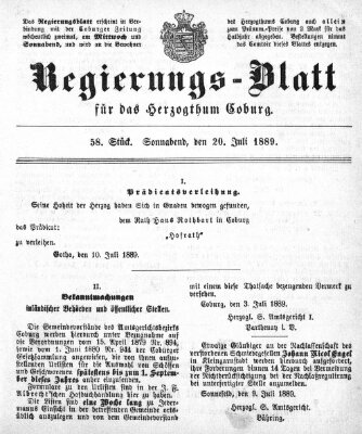 Regierungs-Blatt für das Herzogtum Coburg (Coburger Regierungs-Blatt) Samstag 20. Juli 1889