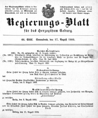 Regierungs-Blatt für das Herzogtum Coburg (Coburger Regierungs-Blatt) Samstag 17. August 1889