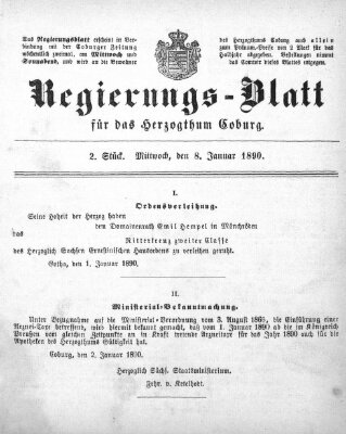 Regierungs-Blatt für das Herzogtum Coburg (Coburger Regierungs-Blatt) Mittwoch 8. Januar 1890