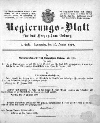 Regierungs-Blatt für das Herzogtum Coburg (Coburger Regierungs-Blatt) Donnerstag 30. Januar 1890