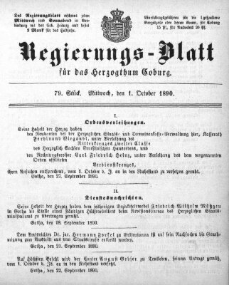 Regierungs-Blatt für das Herzogtum Coburg (Coburger Regierungs-Blatt) Mittwoch 1. Oktober 1890