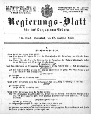 Regierungs-Blatt für das Herzogtum Coburg (Coburger Regierungs-Blatt) Samstag 27. Dezember 1890
