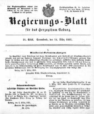 Regierungs-Blatt für das Herzogtum Coburg (Coburger Regierungs-Blatt) Samstag 14. März 1891