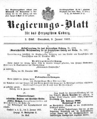 Regierungs-Blatt für das Herzogtum Coburg (Coburger Regierungs-Blatt) Samstag 9. Januar 1892