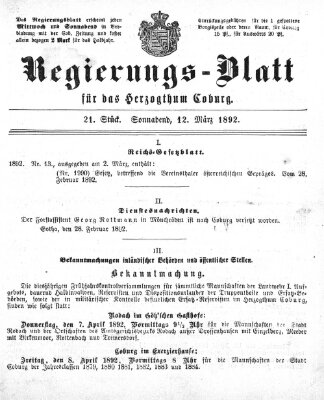 Regierungs-Blatt für das Herzogtum Coburg (Coburger Regierungs-Blatt) Samstag 12. März 1892
