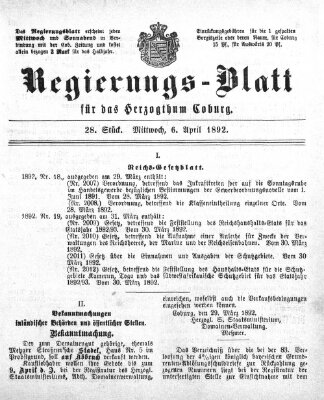 Regierungs-Blatt für das Herzogtum Coburg (Coburger Regierungs-Blatt) Mittwoch 6. April 1892