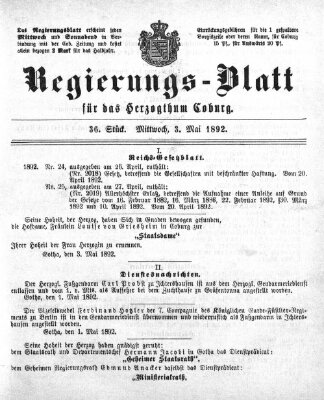 Regierungs-Blatt für das Herzogtum Coburg (Coburger Regierungs-Blatt) Dienstag 3. Mai 1892