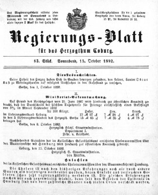 Regierungs-Blatt für das Herzogtum Coburg (Coburger Regierungs-Blatt) Samstag 15. Oktober 1892