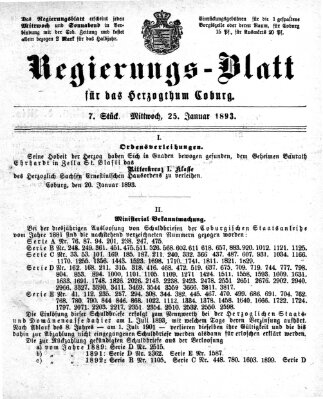 Regierungs-Blatt für das Herzogtum Coburg (Coburger Regierungs-Blatt) Mittwoch 25. Januar 1893