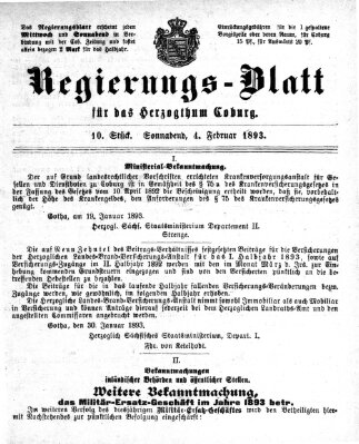 Regierungs-Blatt für das Herzogtum Coburg (Coburger Regierungs-Blatt) Samstag 4. Februar 1893