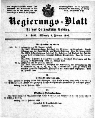 Regierungs-Blatt für das Herzogtum Coburg (Coburger Regierungs-Blatt) Mittwoch 8. Februar 1893