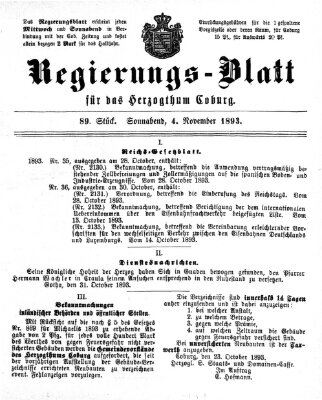 Regierungs-Blatt für das Herzogtum Coburg (Coburger Regierungs-Blatt) Samstag 4. November 1893