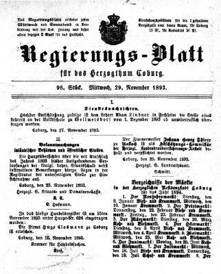 Regierungs-Blatt für das Herzogtum Coburg (Coburger Regierungs-Blatt) Mittwoch 29. November 1893