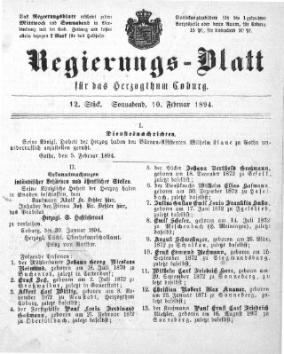 Regierungs-Blatt für das Herzogtum Coburg (Coburger Regierungs-Blatt) Samstag 10. Februar 1894