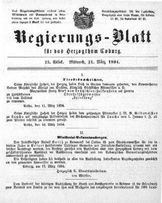 Regierungs-Blatt für das Herzogtum Coburg (Coburger Regierungs-Blatt) Mittwoch 21. März 1894