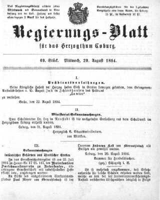 Regierungs-Blatt für das Herzogtum Coburg (Coburger Regierungs-Blatt) Mittwoch 29. August 1894