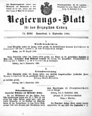 Regierungs-Blatt für das Herzogtum Coburg (Coburger Regierungs-Blatt) Samstag 8. September 1894